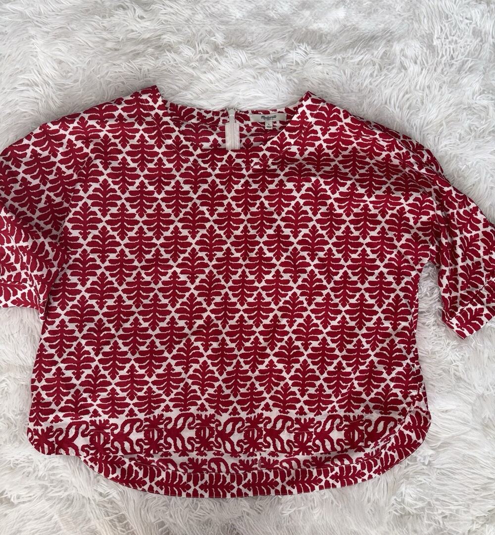 Madewell L Province Blouse W/red & Wht. Geometric Leaf Pattern. Flowy. Exc. Cond